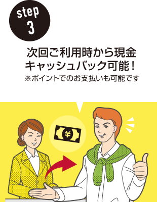 step3 次回ご利用時から現金キャッシュバック可能！ ※ポイントでのお支払いも可能です。